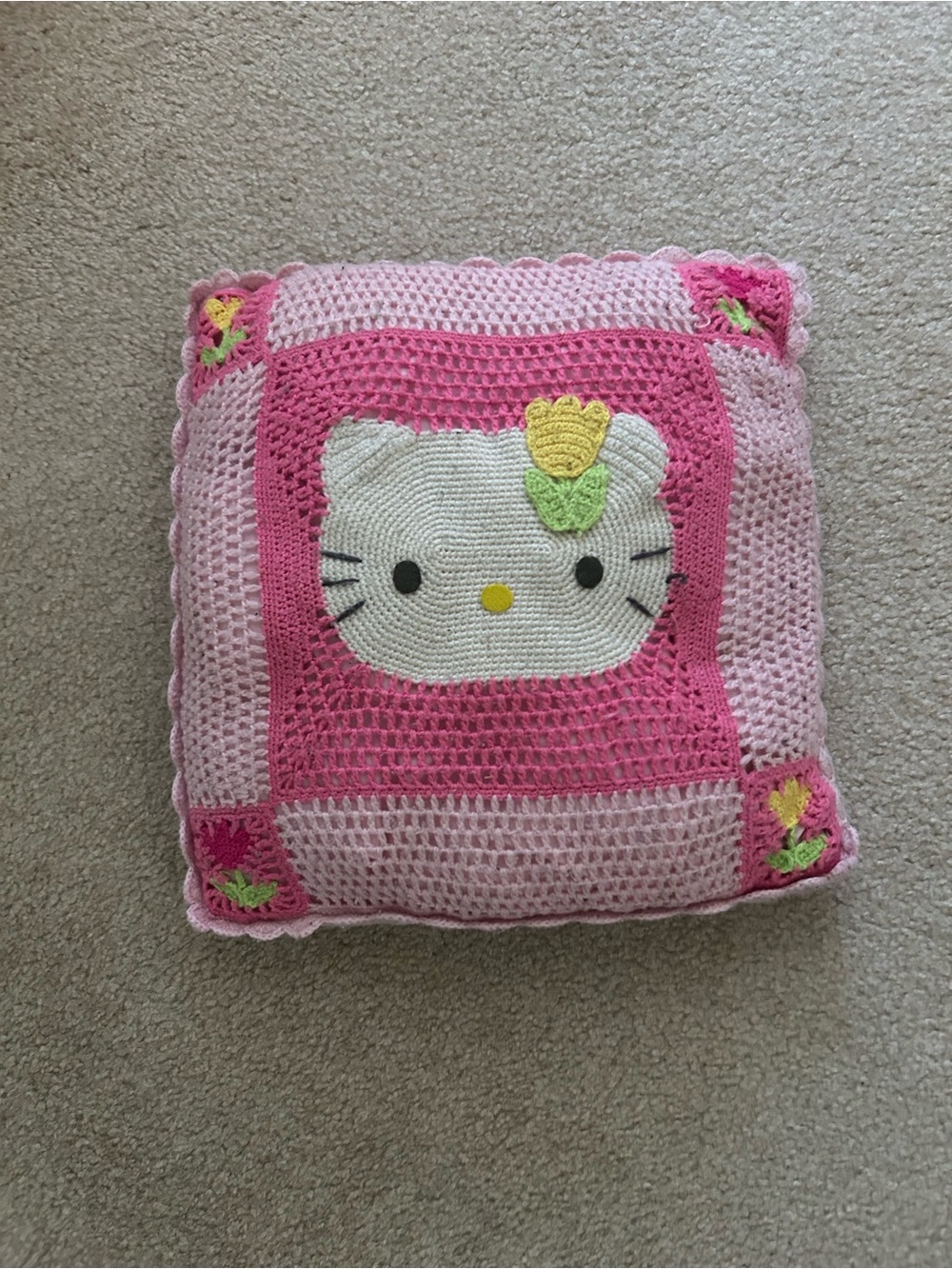 Pink Hello Kitty Crocheted Kids Pillow